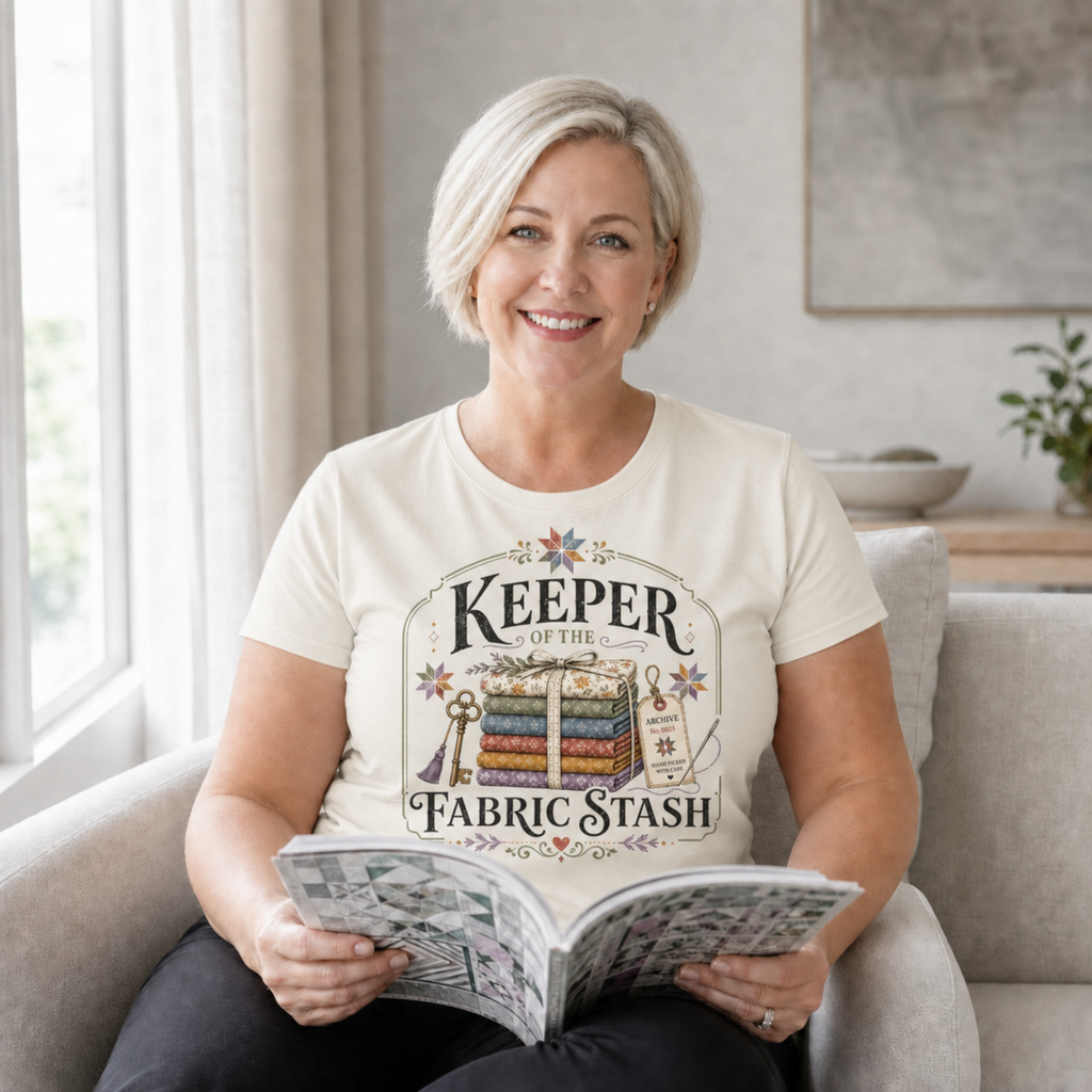 A woman with short blond hair sitting on a beige lounge holding an open book. She is wearing a cream coloured graphic t-shirt with the words 'Keeper of the Fabric Stash' with a stack of folded fabric, a key, needle, archive tag and small stars.