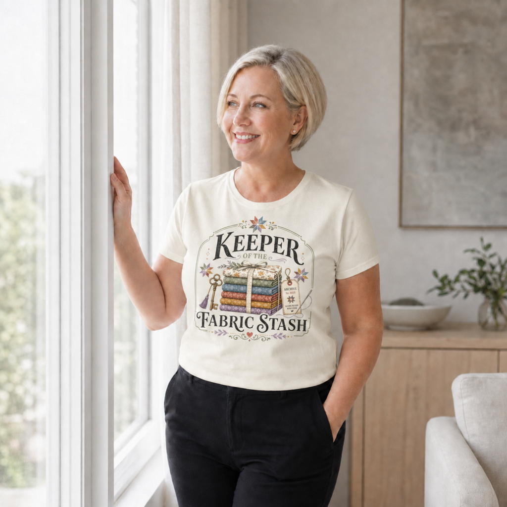 A woman with short blond hair standing near a window. She is wearing a cream coloured graphic t-shirt with the words 'Keeper of the Fabric Stash' with a stack of folded fabric, a key, needle, archive tag and small stars.