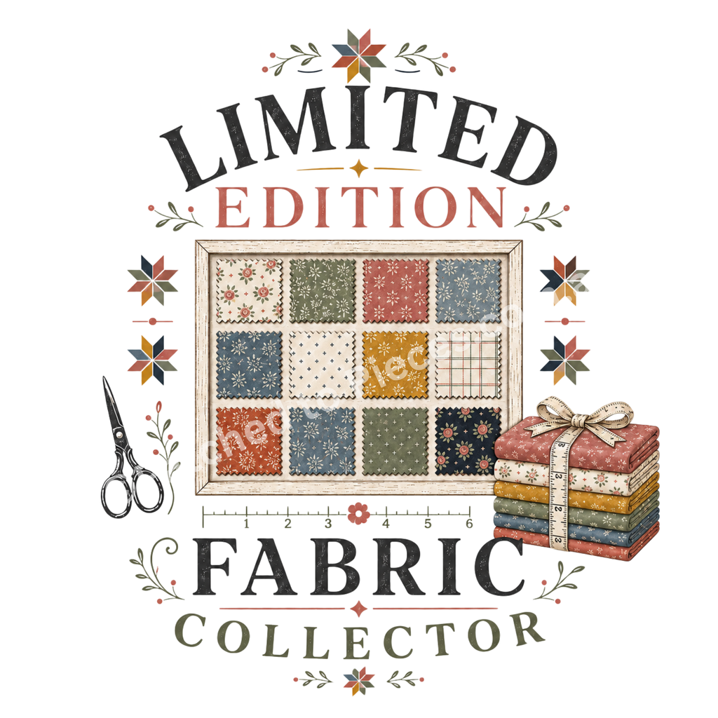 A detailed image of a graphic with the words 'Limited Edition Fabric Collector' surrounding a swatch board, scissors and a bundle of fabric. Small patchwork stars and leaves add decorative elements.