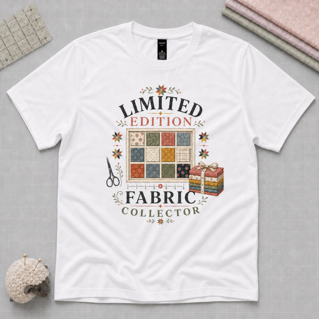 A white short-sleeve graphic T-shirt laid flat on a gray surface with sewing-themed props around it. The shirt features a central printed design reading 'LIMITED EDITION FABRIC COLLECTOR' with a swatch board, scissors, and a bundle of colorful fabric.