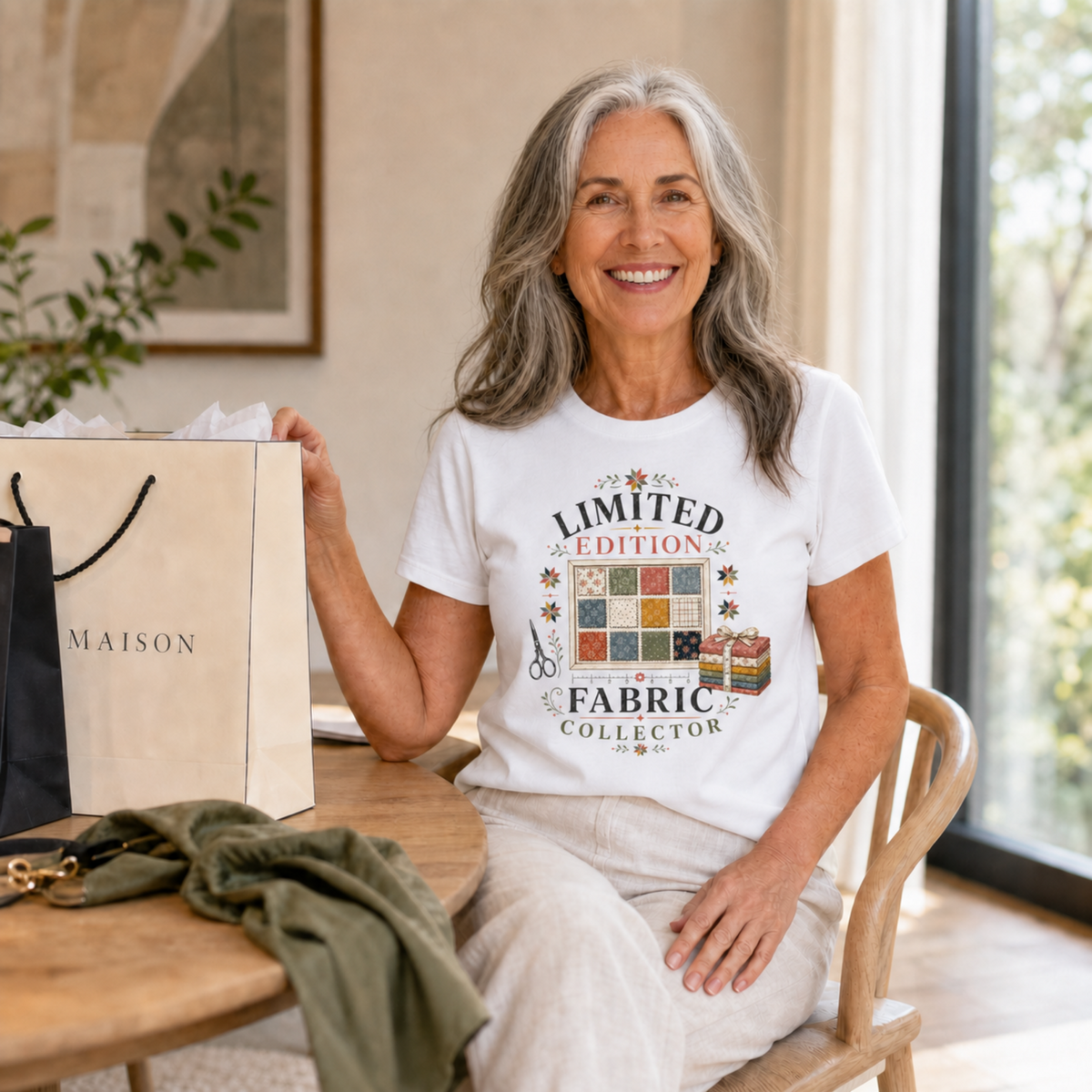 A smiling woman with shoulder length grey hair sits at a table wearing a white t-shirt with the graphic 'Limited Edition Fabric Collector'. There are shopping bags on the table.