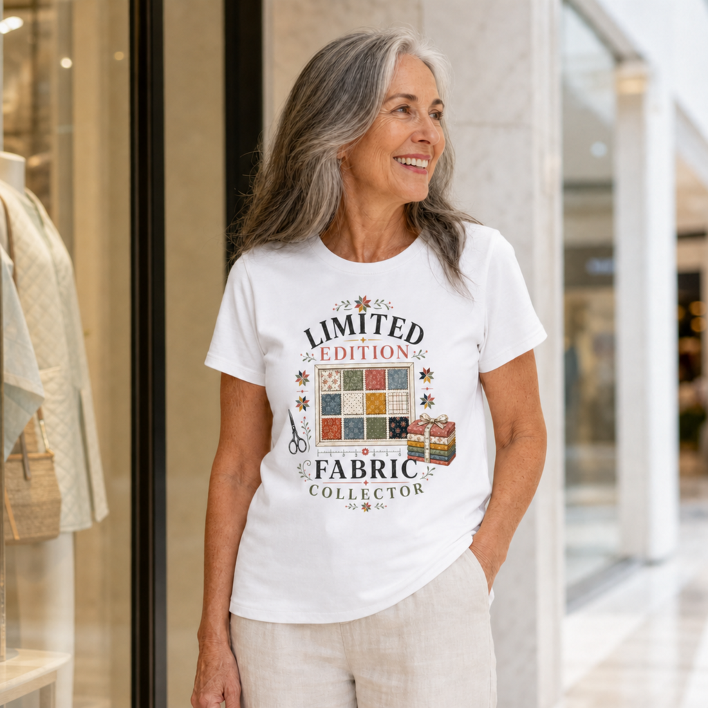 An older woman with shoulder length grey hair stands outside a shop in a mall wearing the 'Limited Edition Fabric Collector' t-shirt in white.