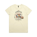 A pale butter yellow short-sleeve crewneck t-shirt featuring the text 'Limited Edition Fabric Collector' surround a fabric swatch board, a tied bundle of fabric and scissors.