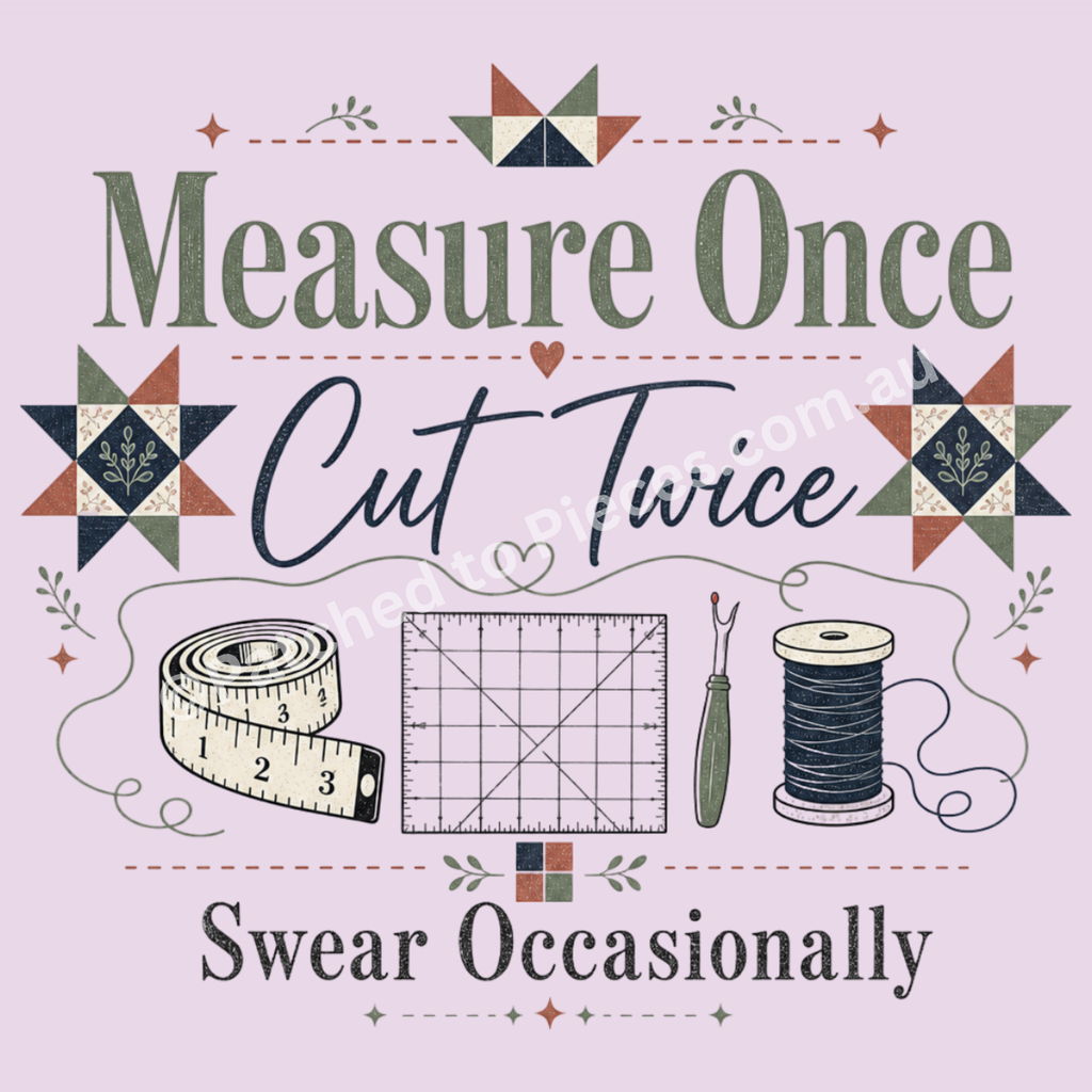 Detail of the graphic 'Measure Once, But Twice, Swear Occasionally' showing the words in green and black with patchwork stars in cream, green, black and clay. Also included in the design are a measuring tape, ruler, seam ripper, thread spool and stitch lines.