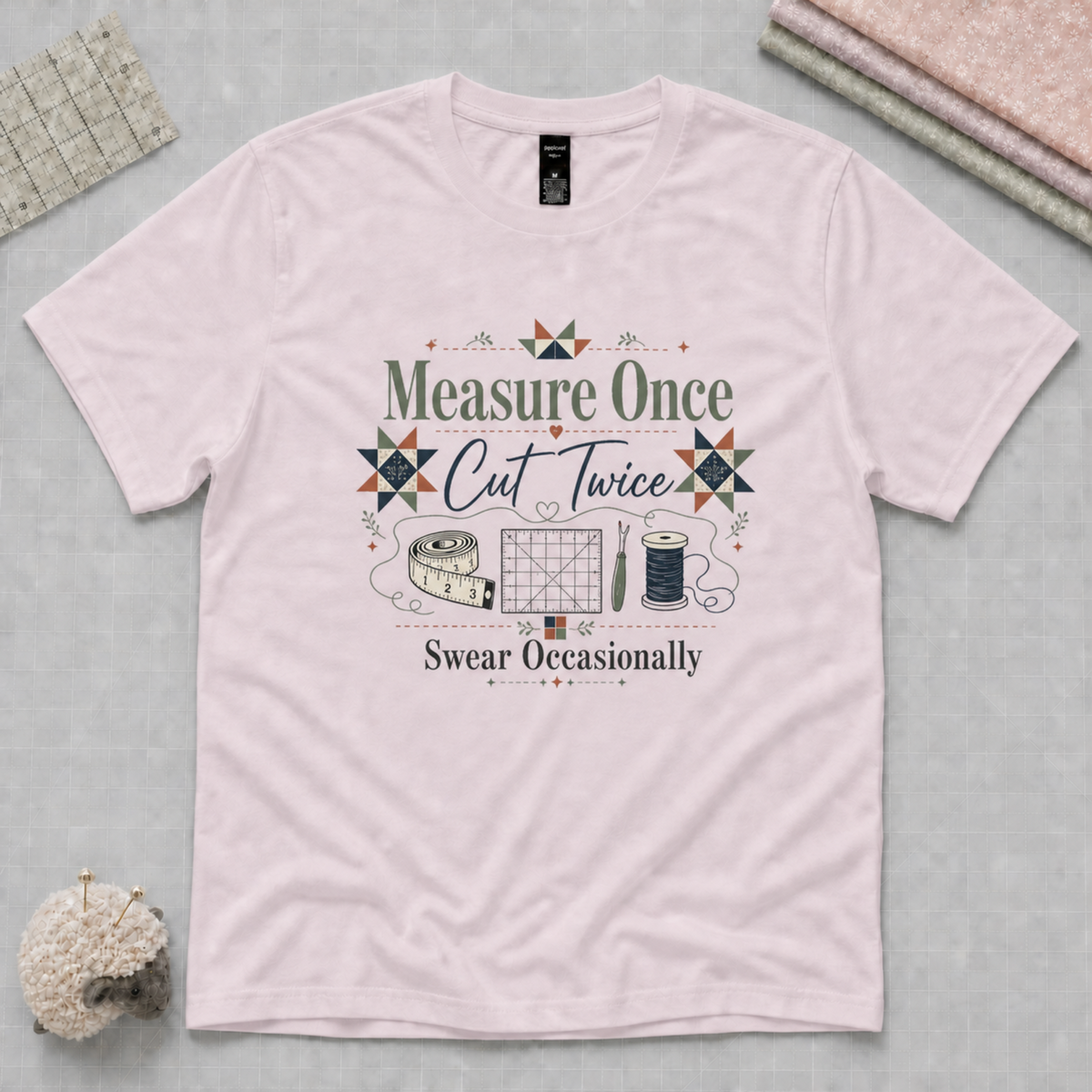 A pale mauve short-sleeve t-shirt lays flat on a grey cutting mat with quilting accessories in the corners. The graphic on the t-shirt features the words 'Measure Once, Cut Twice, Swear Occasionally' around patchwork stars and quilting tools.