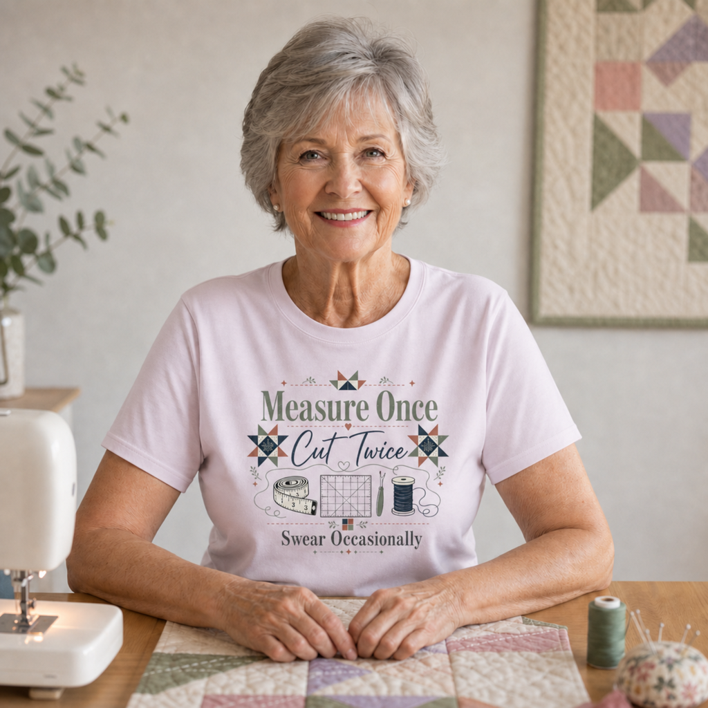 An older woman with short grey hair sits at a sewing table wearing a pale mauve graphic t-shirt with the words 'Measure Once, Cut Twice, Swear Occasionally with illustrations of quilting tools.