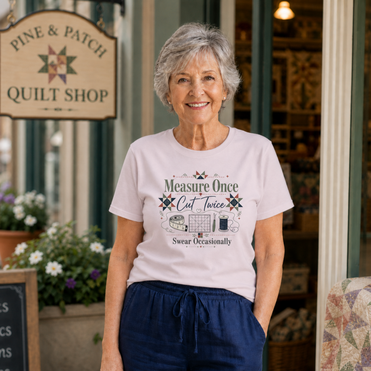 An older woman with short grey hair stands outside a patchwork shop wearing a pale mauve graphic t-shirt with the words 'Measure Once, Cut Twice, Swear Occasionally with illustrations of quilting tools.