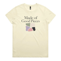 A very pale yellow short-sleeve t-shirt with the text 'Made of Good Pieces' above an image of uneven fabric swatches in sage, cream, mauve pink and black.
