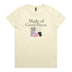 A very pale yellow short-sleeve t-shirt with the text 'Made of Good Pieces' above an image of uneven fabric swatches in sage, cream, mauve pink and black.