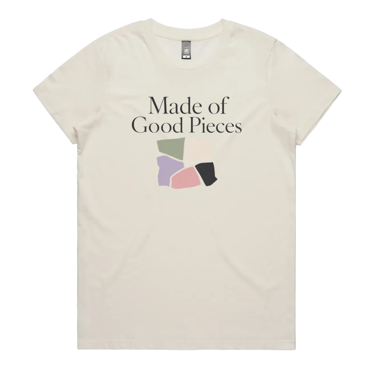 A pale cream short-sleeve t-shirt with the text 'Made of Good Pieces' above an image of uneven fabric swatches in sage, cream, mauve pink and black.
