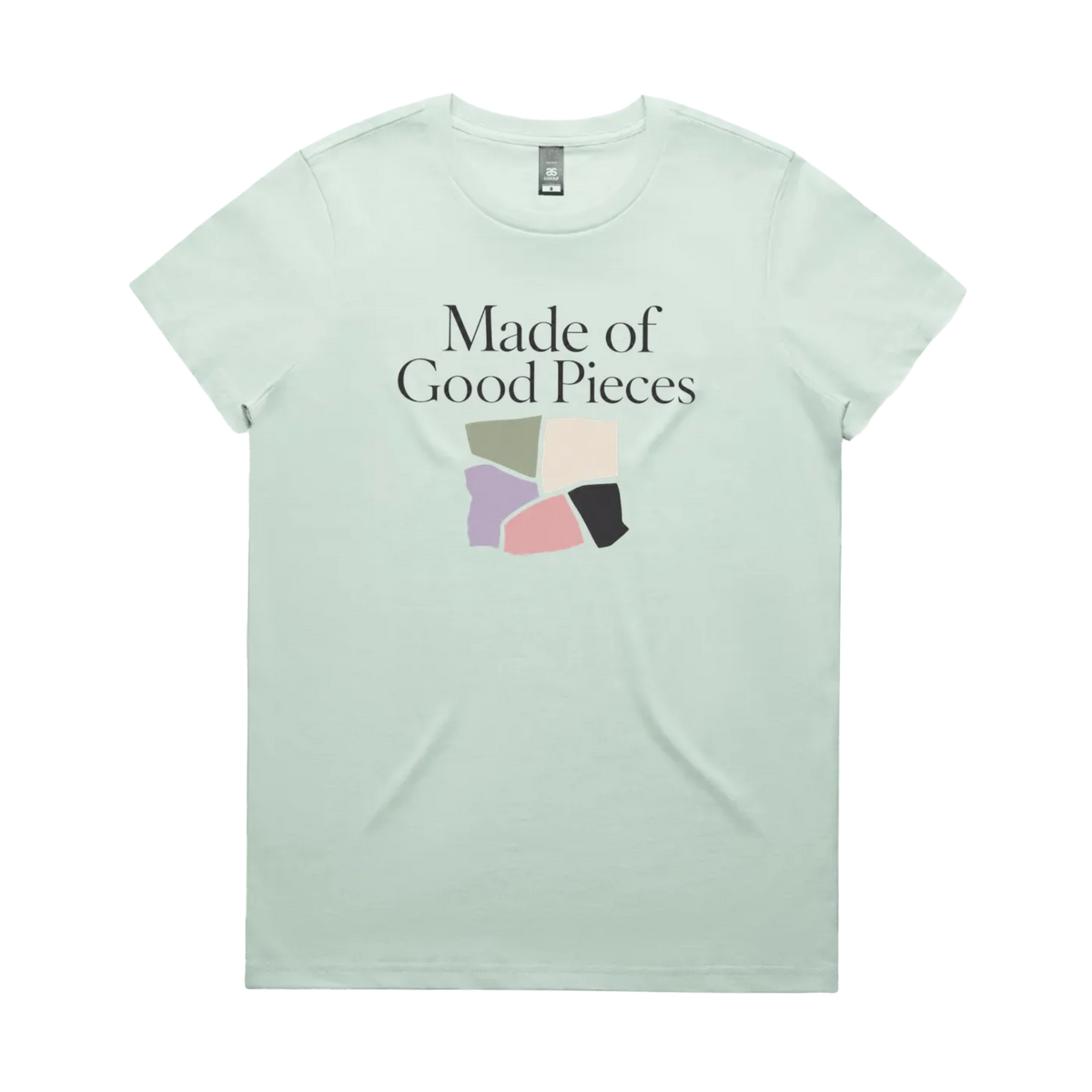 A pale mint green short-sleeve t-shirt with the text 'Made of Good Pieces' above an image of uneven fabric swatches in sage, cream, mauve pink and black.