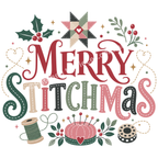 Detail of the graphic 'Merry Stitchmas' with 'Merry' in a muted red and 'Stitchmas' in a variety of green, cream, pink and black. Holly leaves, a quilt star, thread reel, pincushion and bobbin surround the text.