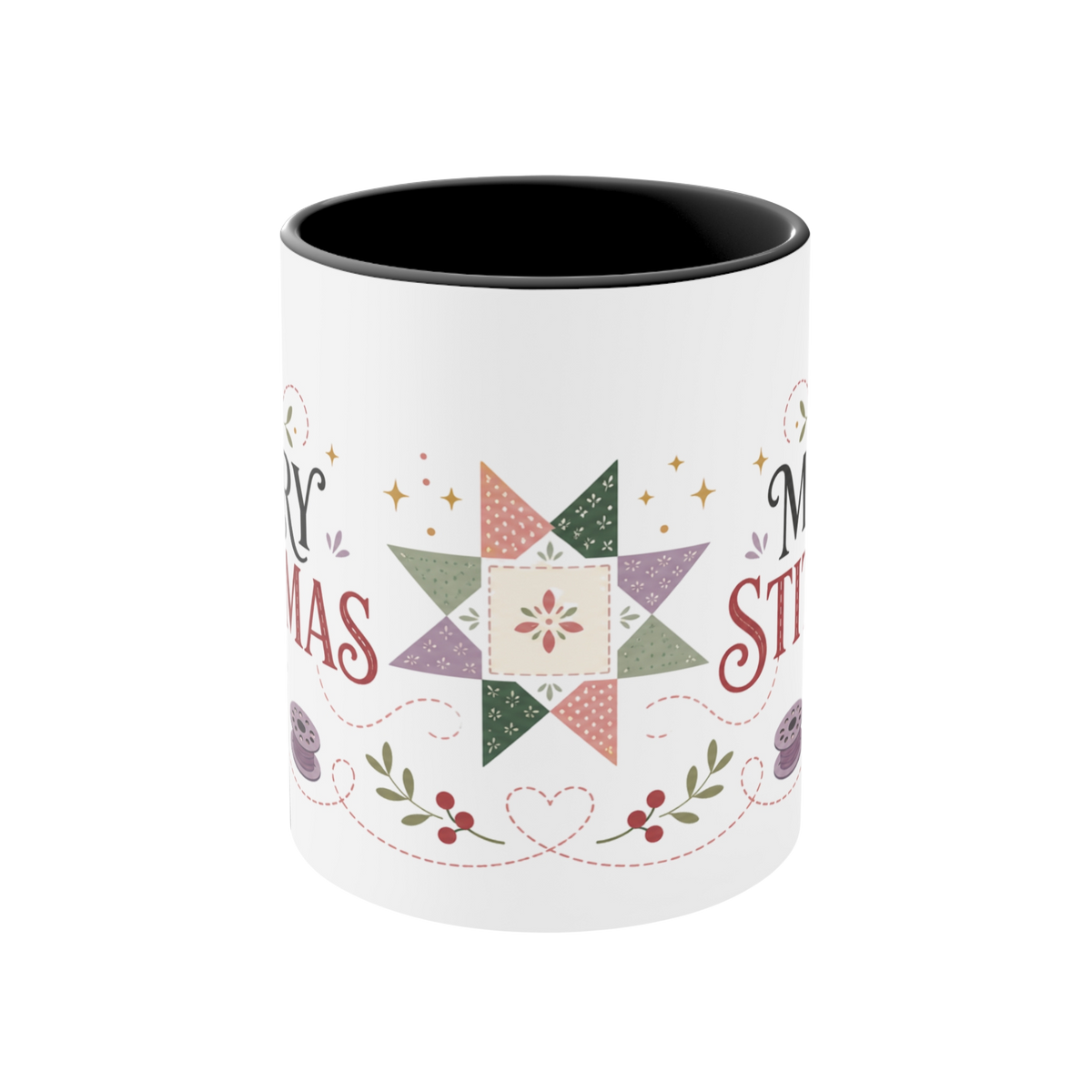 The front of a white ceramic mug with a black interior decorated with a festive quilt star, stitch lines, leaves and berries.