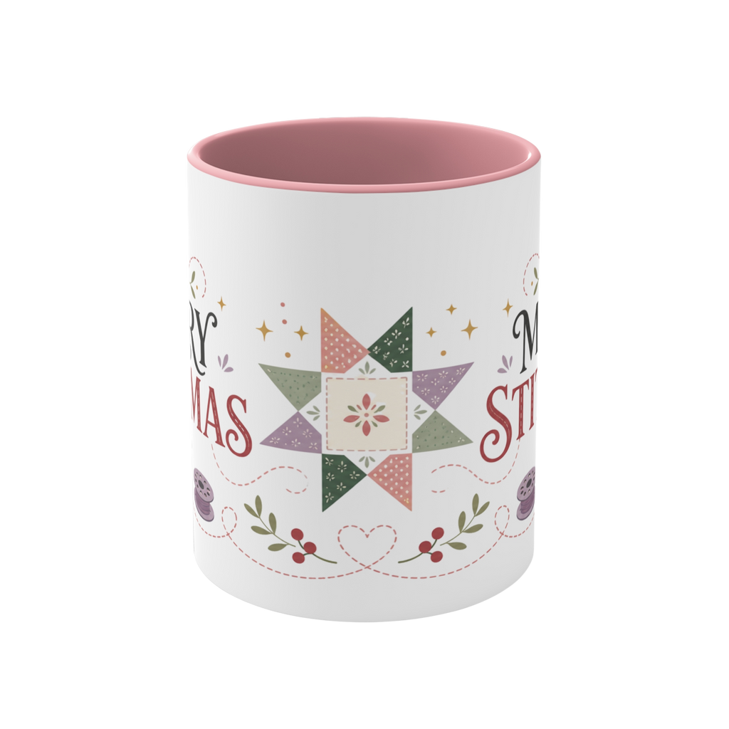 The front of a white ceramic mug with a pink interior decorated with a festive quilt star, stitch lines, leaves and berries.