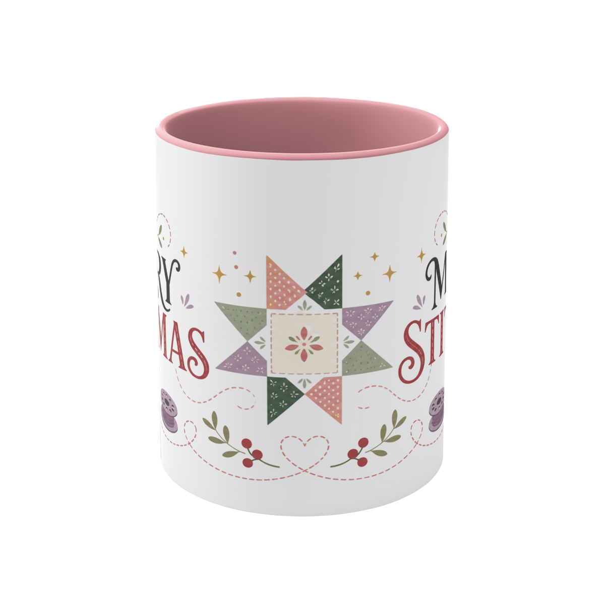 The front of a white ceramic mug with a pink interior decorated with a festive quilt star, stitch lines, leaves and berries.