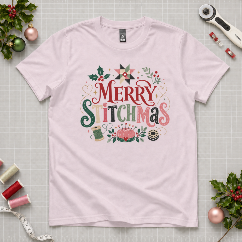 A graphic pale mauve crewnect, short-sleeve tshirt laying flat on a pale grey cutting mat with Christmas decorations and sewing equipment in the corners. The graphic reads 'Merry Stitchmas' surrounded by holly, s quilt star, thread spool, pincushion and bobbin.