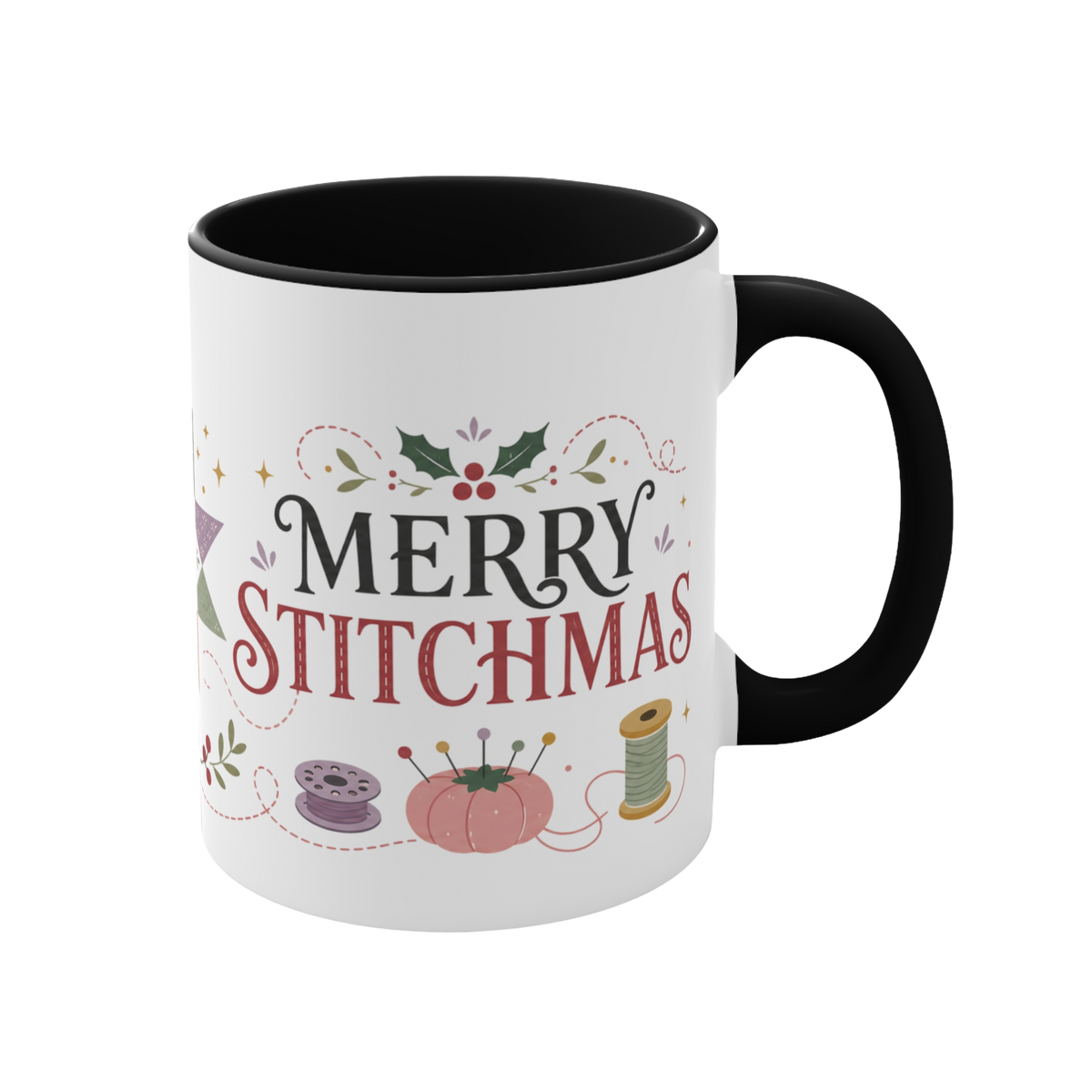 The right side of a white ceramic mug with a black handle and interior, decorated with a bobbin, thread spool,  pincushion and holly and the text ‘Merry Stitchmas’.