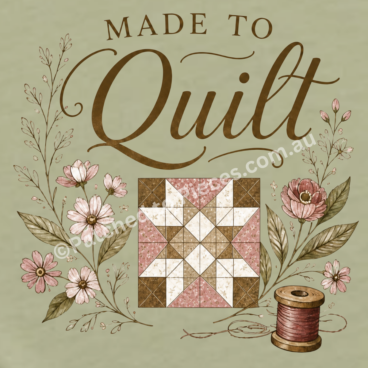 A decorative graphic with the words “Made To Quilt” in brown lettering on an light pistachio green background, surrounded by illustrated flowers, leaves, a quilt block, and a spool of thread.