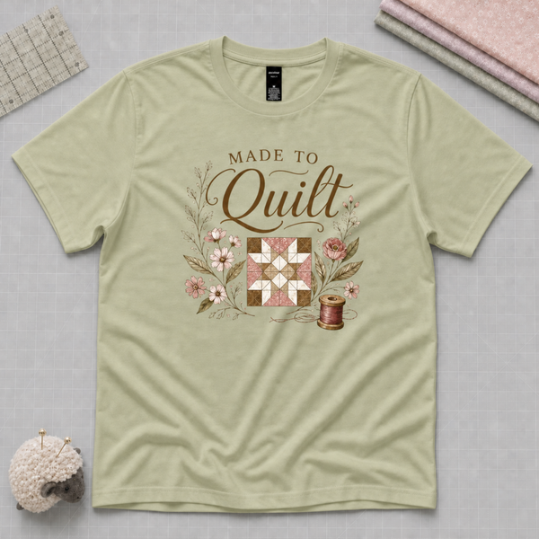 A light pistachio green t-shirt with a 'Made to Quilt' graphic, styled in a flat-lay arrangement with quilting props including a sheep pincushion, fabric stack, and a quilting ruler on a light grey cutting mat.