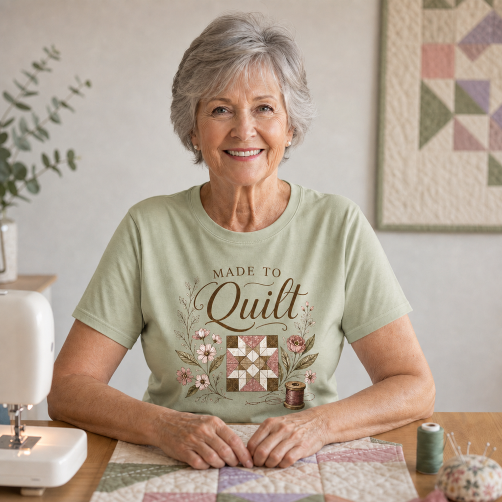 An older woman with gray hair sits at a table wearing a light pistachio green graphic t-shirt that reads 'Made to Quilt' with a quilt block, flowers and thread reel. She is surrounded by quilting items.