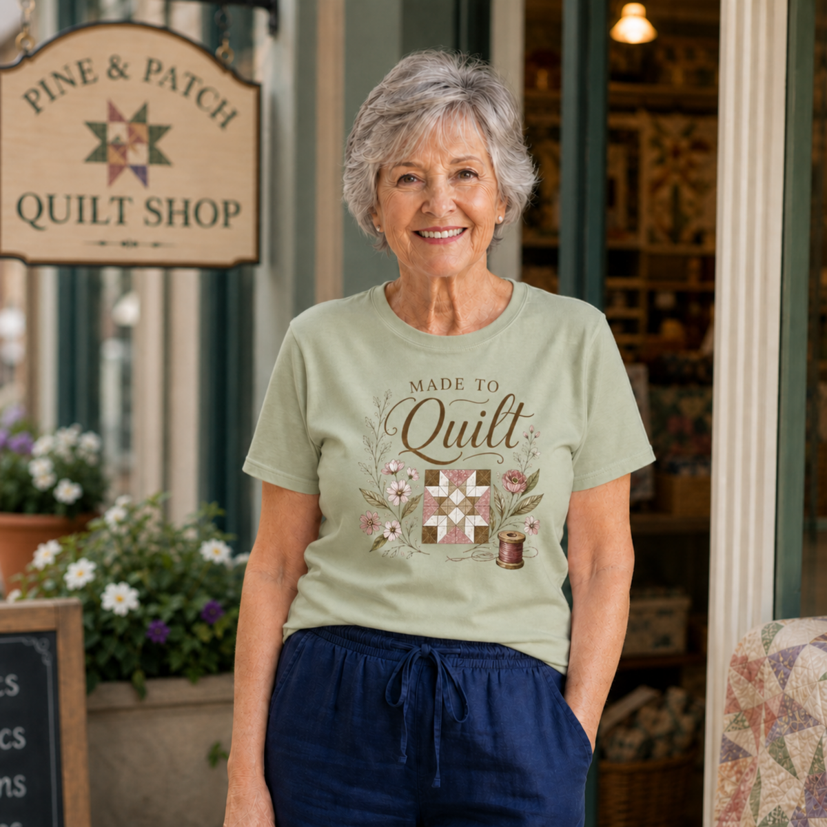 An older woman stands in front of a quilt shop doorway wearing a light pistachio green graphic T-shirt that reads 'Made to Quilt' with a quilt block, flowers and thread spool illustration, paired with navy drawstring pants. A 'Pine & Patch Quilt Shop' sign is visible on the left.