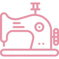 A pink line-art icon of a sewing machine on a solid black background.