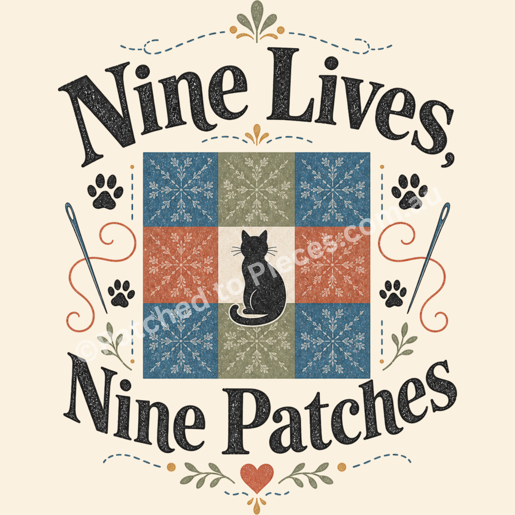 A square graphic design with the text 'Nine Lives, Nine Patches' around a central nine patch quilt block with a black cat silhouette in the middle. The design includes blue, rust red, and sage green quilted squares with snowflake and floral patterns, flanked by black paw prints, decorative leaves, and needle illustrations on a light cream background.