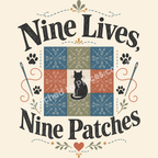 A square graphic design with the text 'Nine Lives, Nine Patches' around a central nine patch quilt block with a black cat silhouette in the middle. The design includes blue, rust red, and sage green quilted squares with snowflake and floral patterns, flanked by black paw prints, decorative leaves, and needle illustrations on a light cream background.