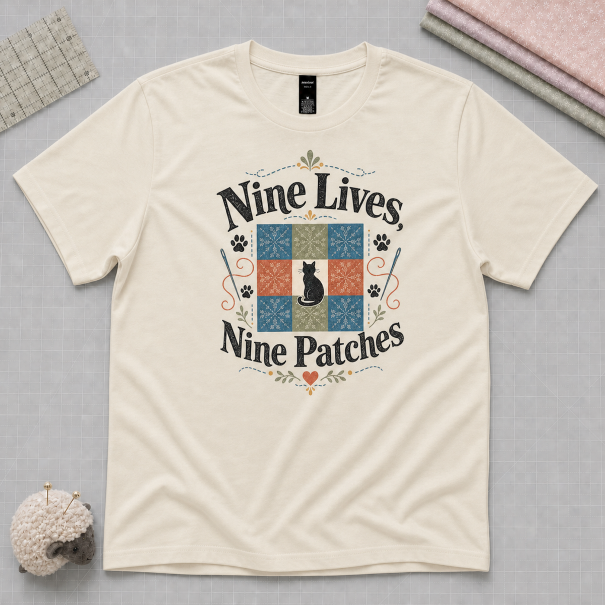 A light cream crewneck t-shirt with a colorful graphic print reading 'Nine Lives, Nine Patches' around a nine patch quilt block with a black cat silhouette in the middle. The shirt is displayed flat on a gray textured background with sewing props.