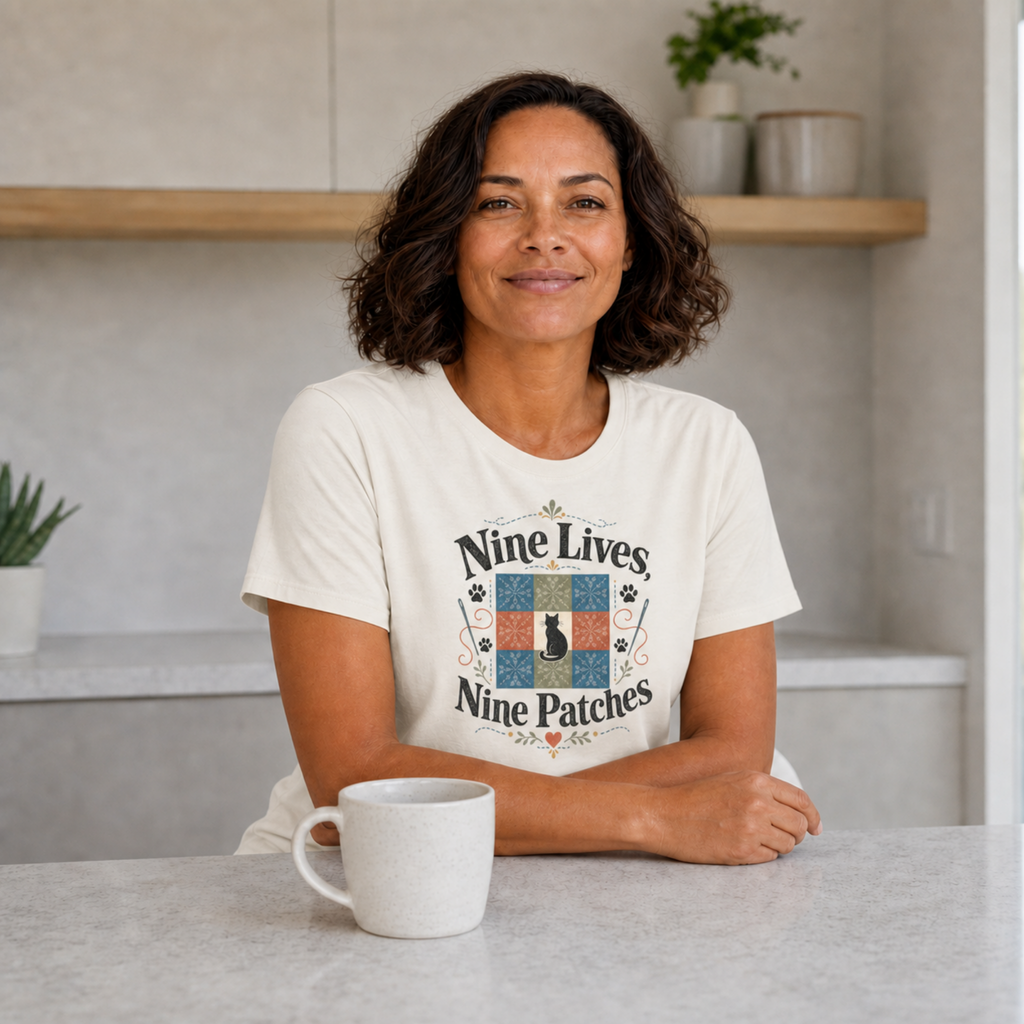A woman with short dark curly hair sits at a light gray table in a bright kitchen, wearing a cream-colored graphic t-shirt that reads 'Nine Lives Nine Patches' with a quilt design. A white ceramic mug is in the foreground, and shelves with plants are visible in the background.