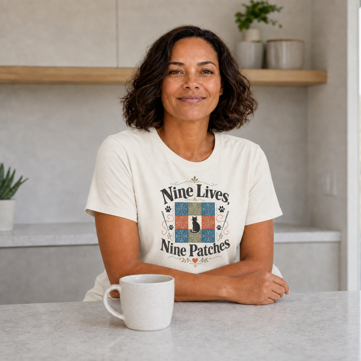 A woman with short dark curly hair sits at a light gray table in a bright kitchen, wearing a cream-colored graphic t-shirt that reads 'Nine Lives Nine Patches' with a quilt design. A white ceramic mug is in the foreground, and shelves with plants are visible in the background.