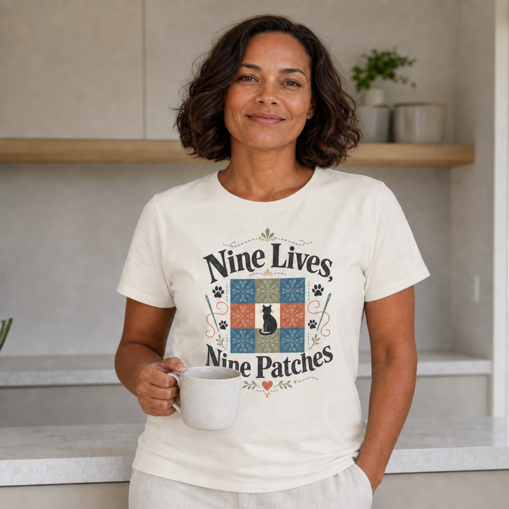 A woman wearing a cream-colored graphic t-shirt with the text 'Nine Lives Nine Patches' and a colorful patchwork design, holding a white mug in a bright kitchen setting.
