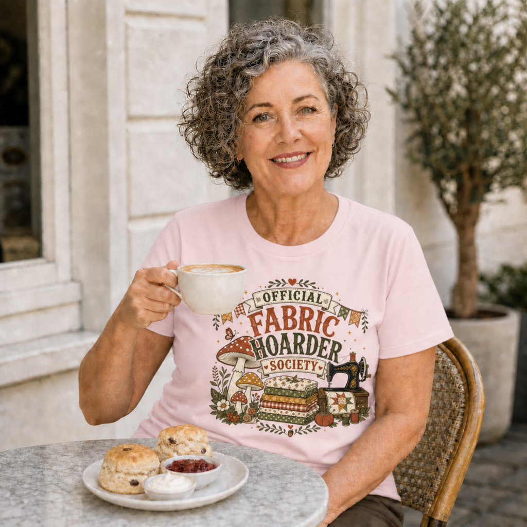 An older woman with short, curly, grey hair sitting at an outdoor cafe table wearing a t-shirt with the words 'Official Fabric Hoarder Society' above a stack of folded fabric, a sewing machine and mushrooms.