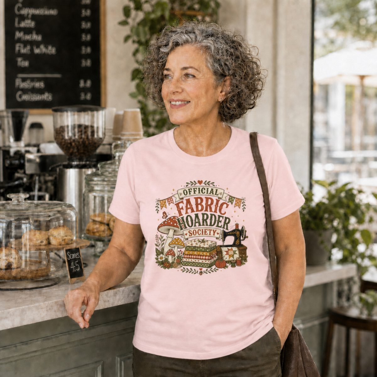 An older woman with short, curly, grey standing at a cafe counter wearing a t-shirt with the words 'Official Fabric Hoarder Society' above a stack of folded fabric, a sewing machine and mushrooms.