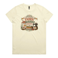 A pale butter yellow crewneck short-sleeved t-shirt with the words 'Official Fabric Hoarder Society' above an illustration of a stack of fabric, a sewing machine and a group of muchrooms, flowers and a snail.