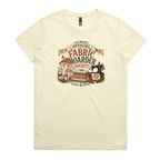 A pale butter yellow crewneck short-sleeved t-shirt with the words 'Official Fabric Hoarder Society' above an illustration of a stack of fabric, a sewing machine and a group of muchrooms, flowers and a snail.