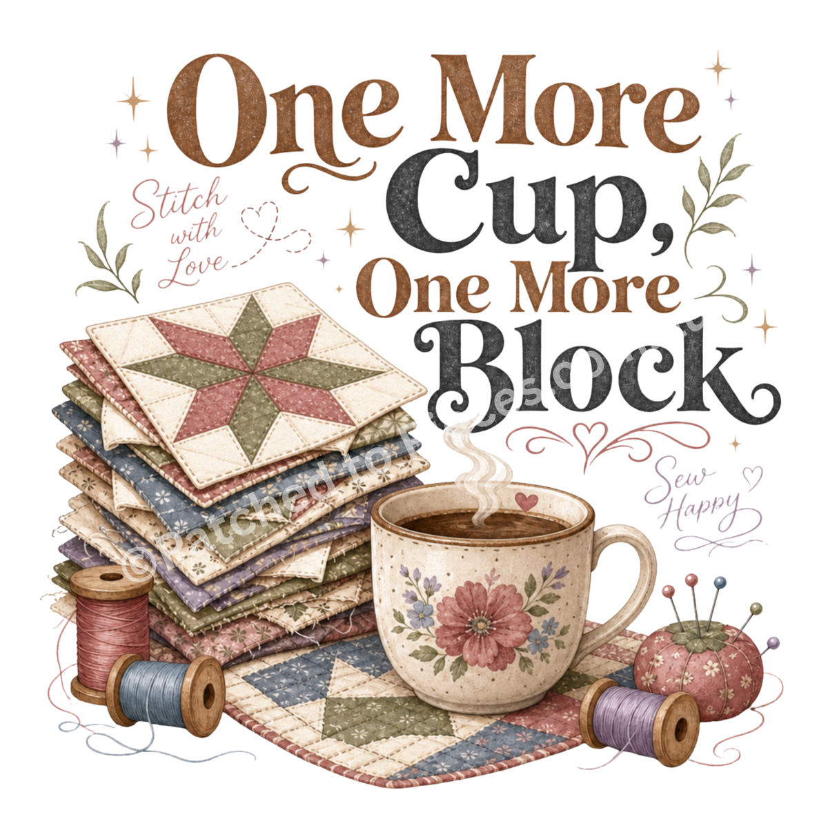 A detailed image of the graphic 'One More Cup, One More Block' above an illustration of a coffee cup, quilt blocks, thread spools and a pincushion.