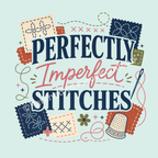 A decorative graphic with the phrase “Perfectly Imperfect Stitches” in large navy and pink lettering, surrounded by sewing-themed illustrations including fabric squares, a thimble, needle, thread, and sashiko stitching motifs on a pale mint background.