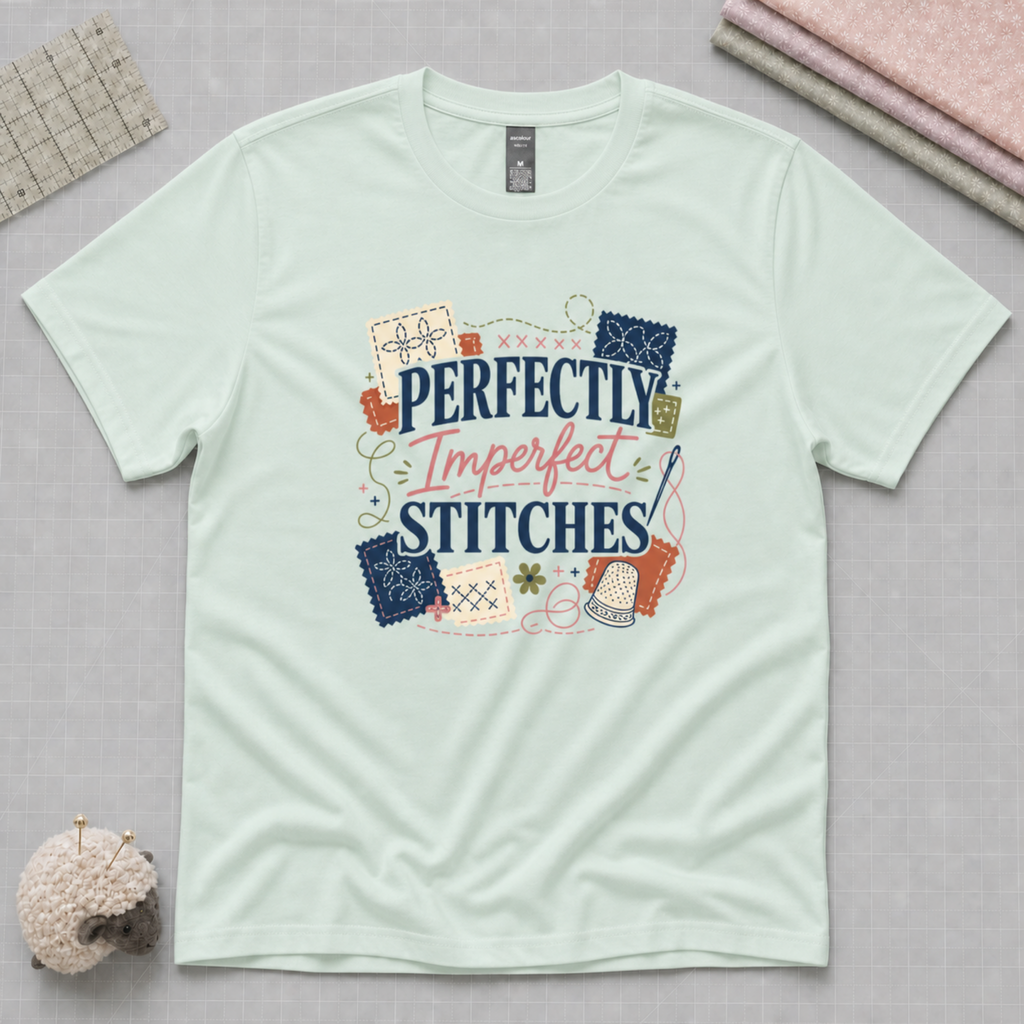 A mint green short-sleeve t-shirt with a colorful graphic that reads 'Perfectly Imperfect Stitches' surrounded by sashiko motifs, displayed flat on a pale grey cutting mat with quilting props.