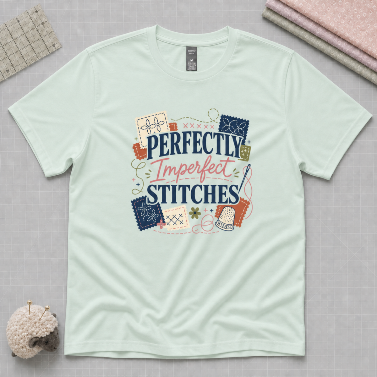 A mint green short-sleeve t-shirt with a colorful graphic that reads 'Perfectly Imperfect Stitches' surrounded by sashiko motifs, displayed flat on a pale grey cutting mat with quilting props.
