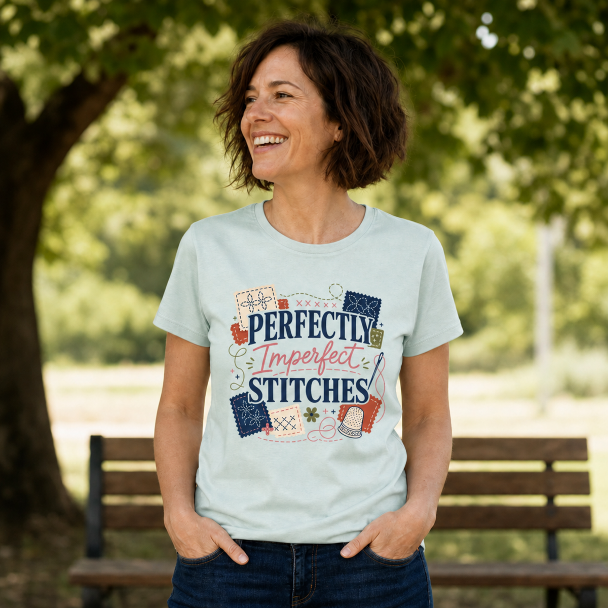 A woman smiling outdoors in a park, wearing a light mint green graphic t-shirt with the text 'Perfectly Imperfect Stitches' in a colourful patchwork design, paired with dark blue jeans.