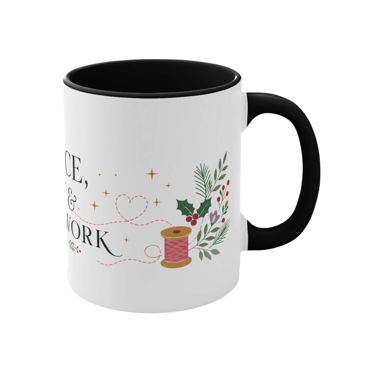 The right side of a white ceramic mug with a black handle and interior, decorated with a thread spool, stitch lines, holly, berries and flowers. The text ‘Peace, Joy & Patchwork' is partially visible.