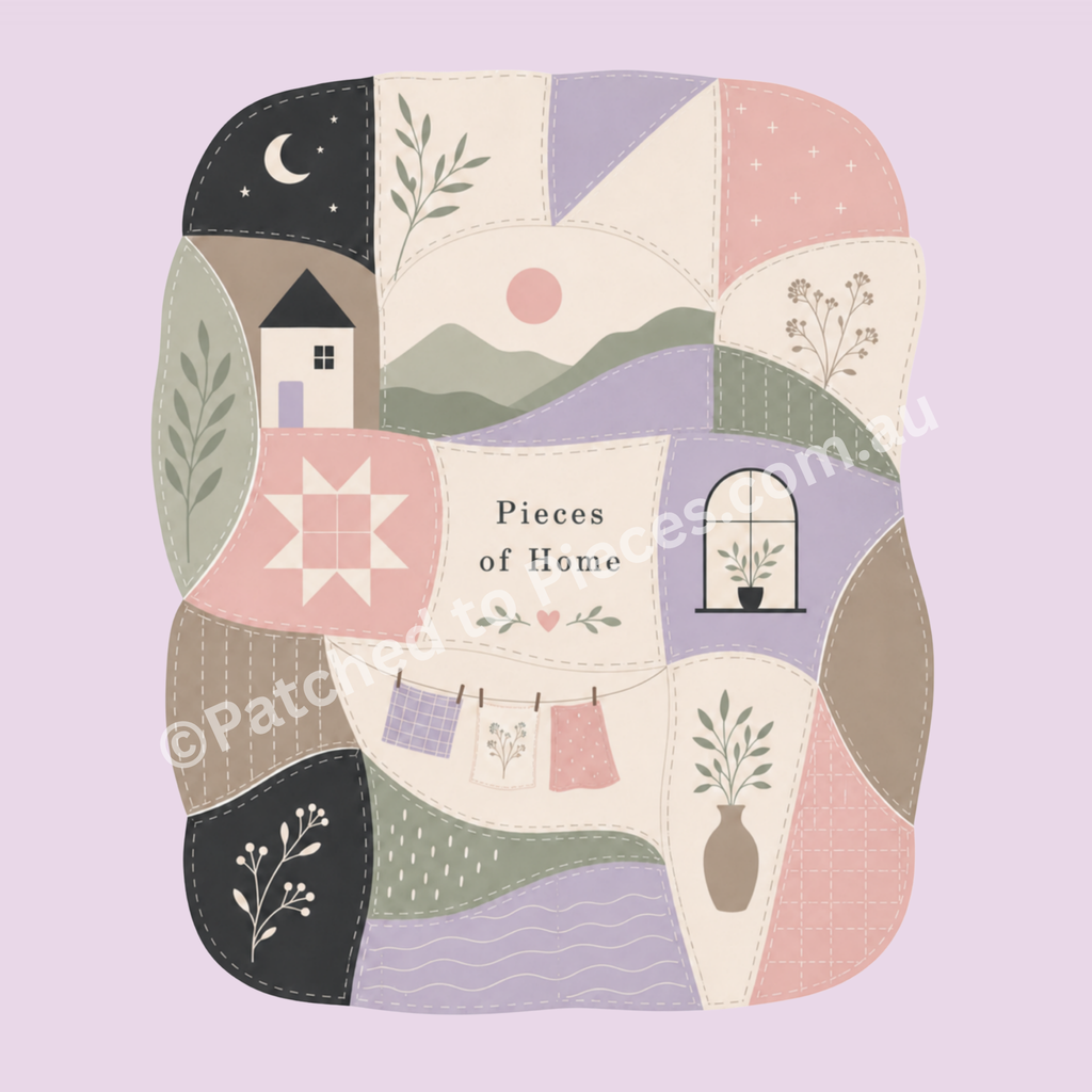 A square patchwork-style illustration with rounded corners on a pale lavender background. The artwork contains stitched-looking sections with a crescent moon, house, sun, hills, quilt pattern, window, plant in a vase, laundry, and the text 'Pieces of Home'.