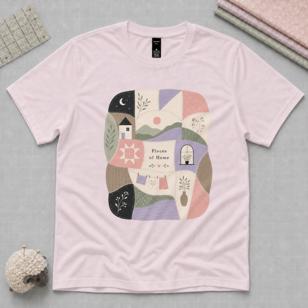 A light mauve short-sleeve crewneck t-shirt featuring a colorful graphic print titled 'Pieces of Home'. The shirt is displayed in a styled flat-lay arrangement on a light grey cutting mat   with quilt supplies in the corners.