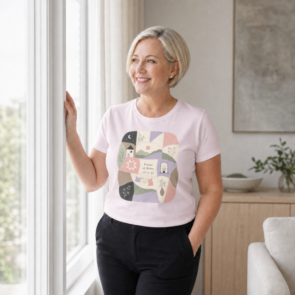A woman with short blonde hair stands by a window in a bright room, wearing a light mauve crewneck t-shirt with a colorful, whimsical graphic on the front that reads 'Pieces of Home'.