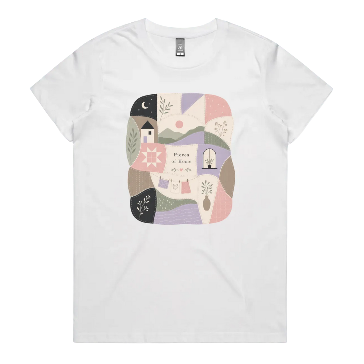 A white short-sleeve crewneck t-shirt featuring a central square graphic with a patchwork design of pastel-colored home-themed illustrations and the text 'Pieces of Home'.
