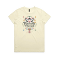 A pale butter yellow graphic short-sleeve t-shirt with the words 'Perfectly Pieced Modern Quilt Guild' cutting through a large patchwork star.