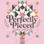 The graphic 'Perfectly Pieded modern Quilt Guild' printed in black. The words cut through a large patchwork star in muted red, green blue, mustard and cream. Small stars and stitch lines appear around the patchwork star with a thread spool at the bottom.
