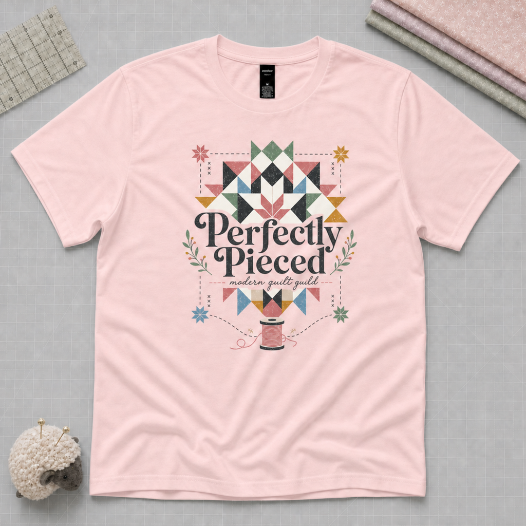 A pale pink short-sleeve graphic t-shirt with the words 'Perfectly Pieced Modern Quilt Guild' cutting through a patchwork star. It lays flat on a grey background with quilting props in the corners.