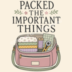 A graphic design featuring the text 'PACKED THE IMPORTANT THINGS' in dark gray serif font, with a pink sewing bag illustrated below, filled with sewing supplies including ruler, fabric, thread, and a rotary cutter. The design is set against a light cream background.